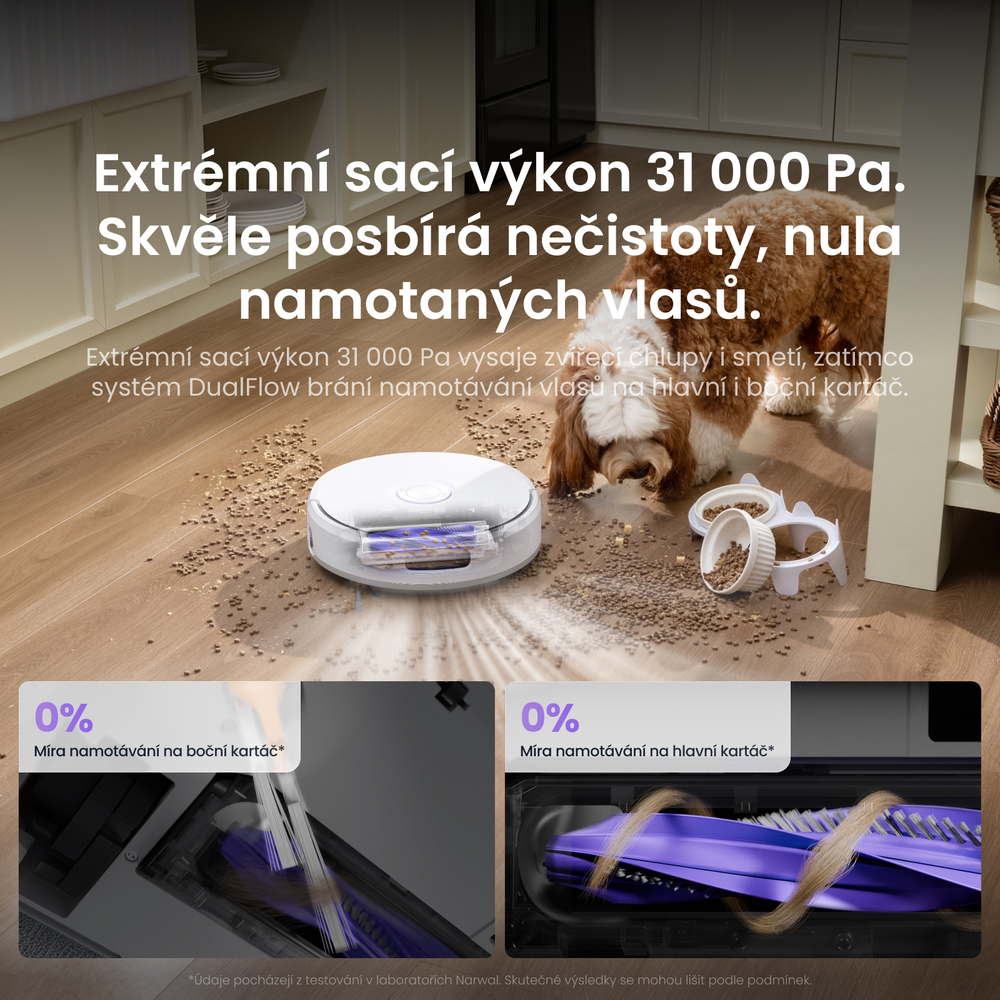 Sací výkon 31 000 Pa a plovoucí kartáč Narwal Freo 20