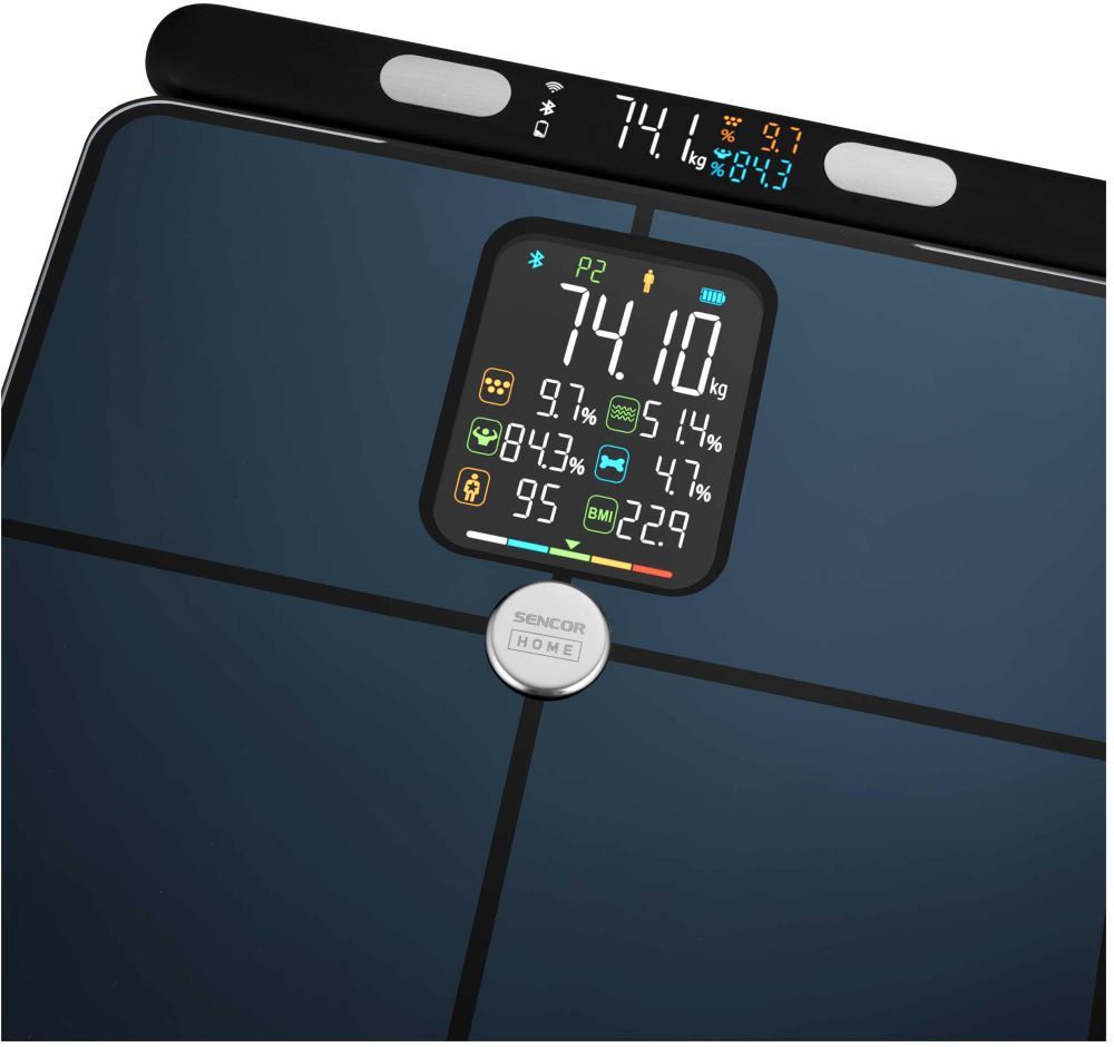 Přehledný LED displej fitness váhy Sencor SBS 9102BK