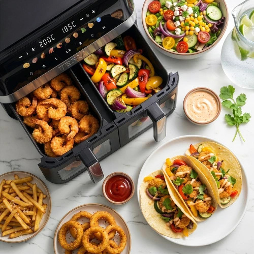 Sync Cook a upozornění na otočení TESLA AirCook DualZone Q787 XXL Deluxe