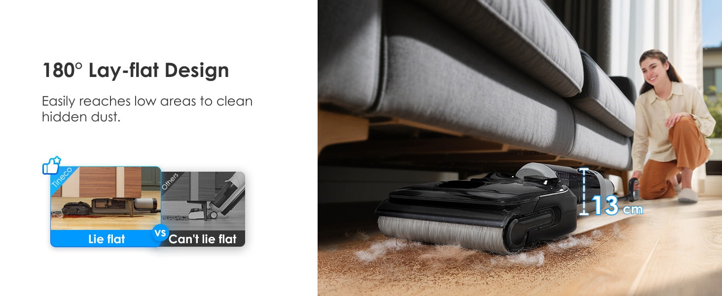 180° lay-flat pro úklid pod nábytkem Tineco FLOOR ONE i5 Stretch Plus