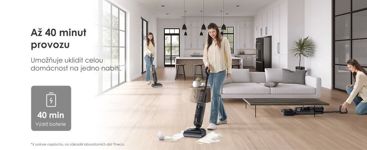 Výdrž baterie až 40 minut – Tineco FLOOR ONE i6 Stretch Plus